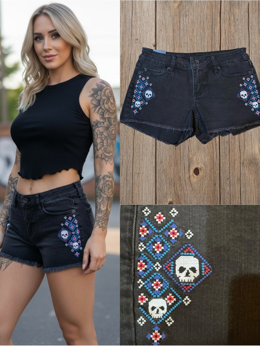 Blackheart Skull Embroidered Denim Shorts Black Raw‑Hem Low‑Rise Punk Size 3 NWT